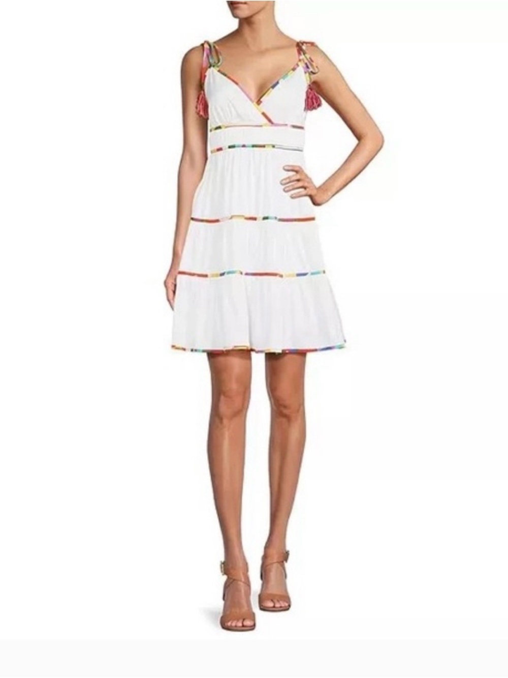 ANTONIO MELANI White Sleeveless V-Neck Mini Dress with Multicolor Trim
